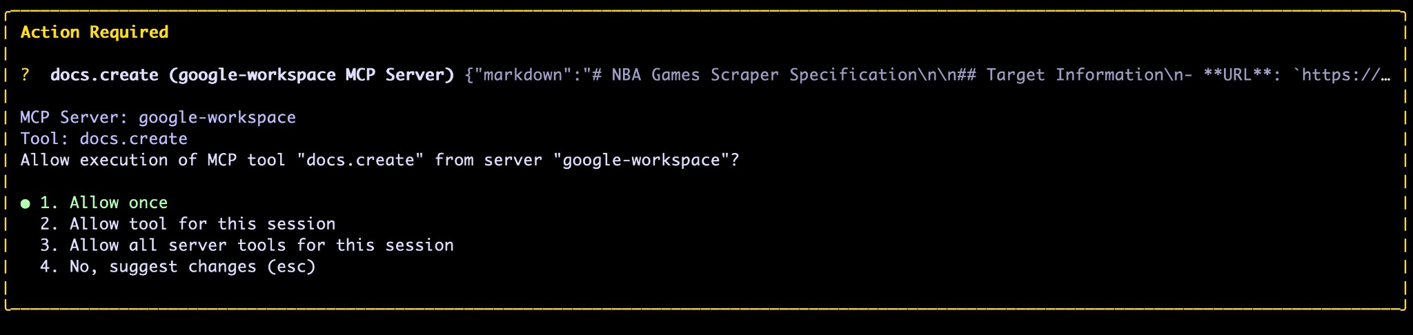 Google Workspace docs.create consent for the spec