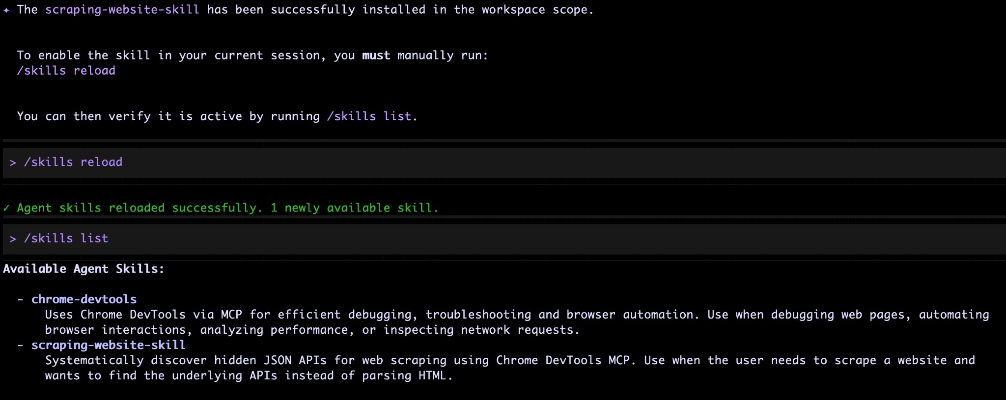 Skills list showing scraping-website-skill and chrome-devtools