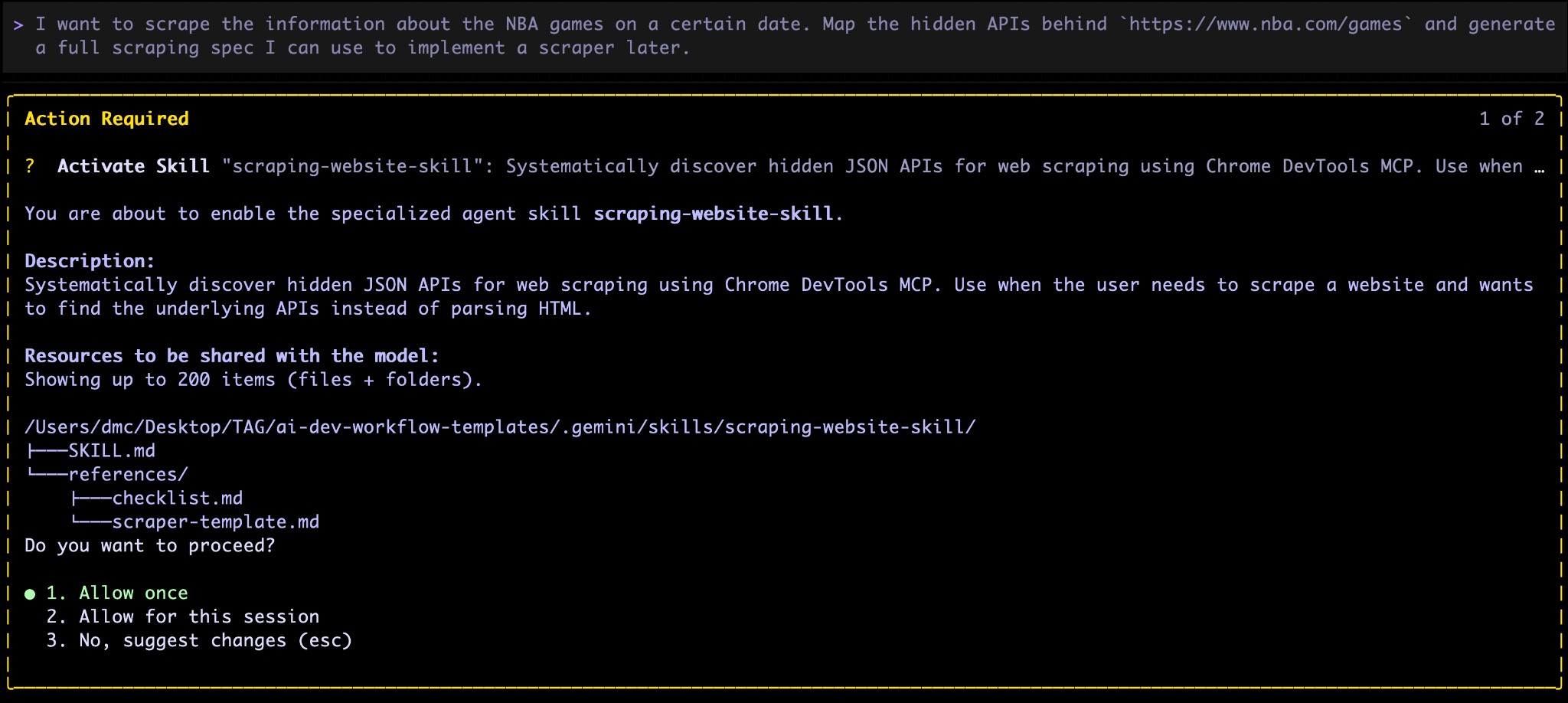Automatic skill activation when requesting NBA scraper spec