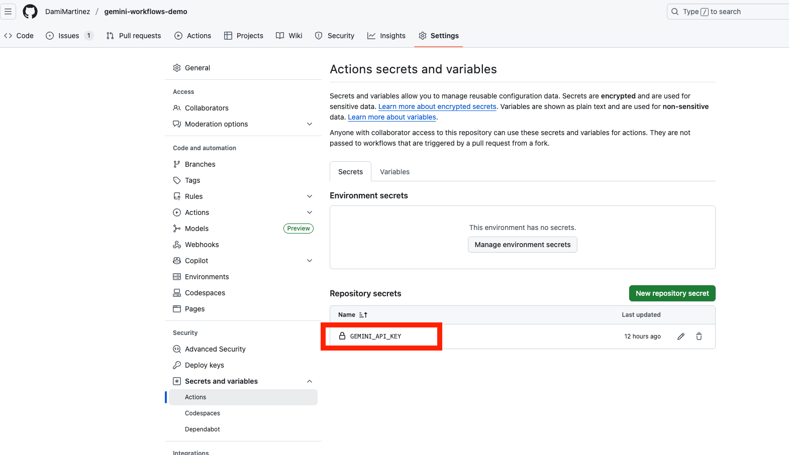 GitHub repository secrets page with GEMINI_API_KEY