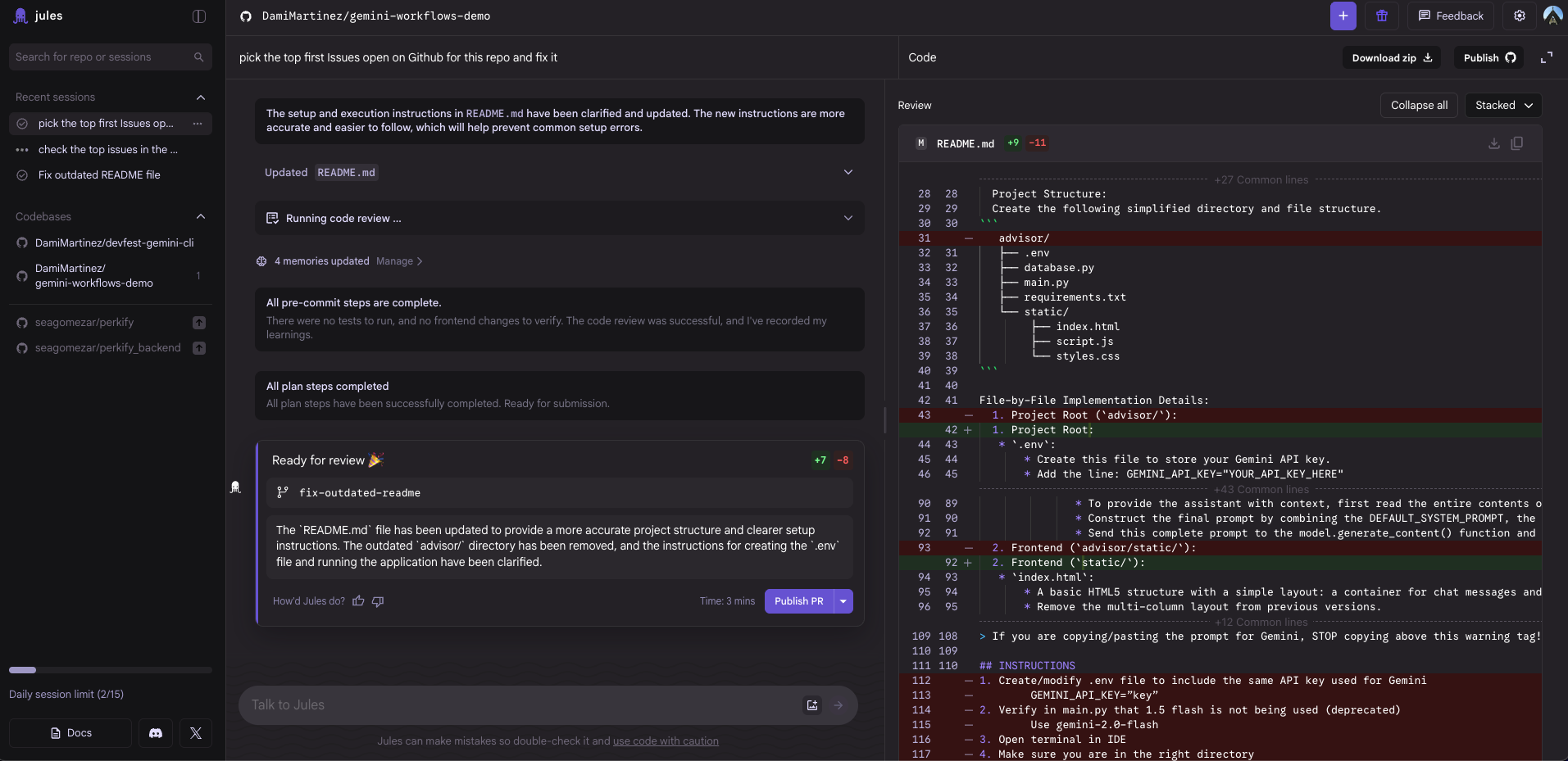Jules web interface showing task progress