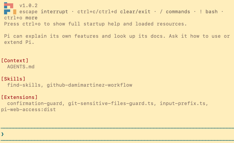 Pi startup showing my loaded AGENTS.md context, skills, and extensions