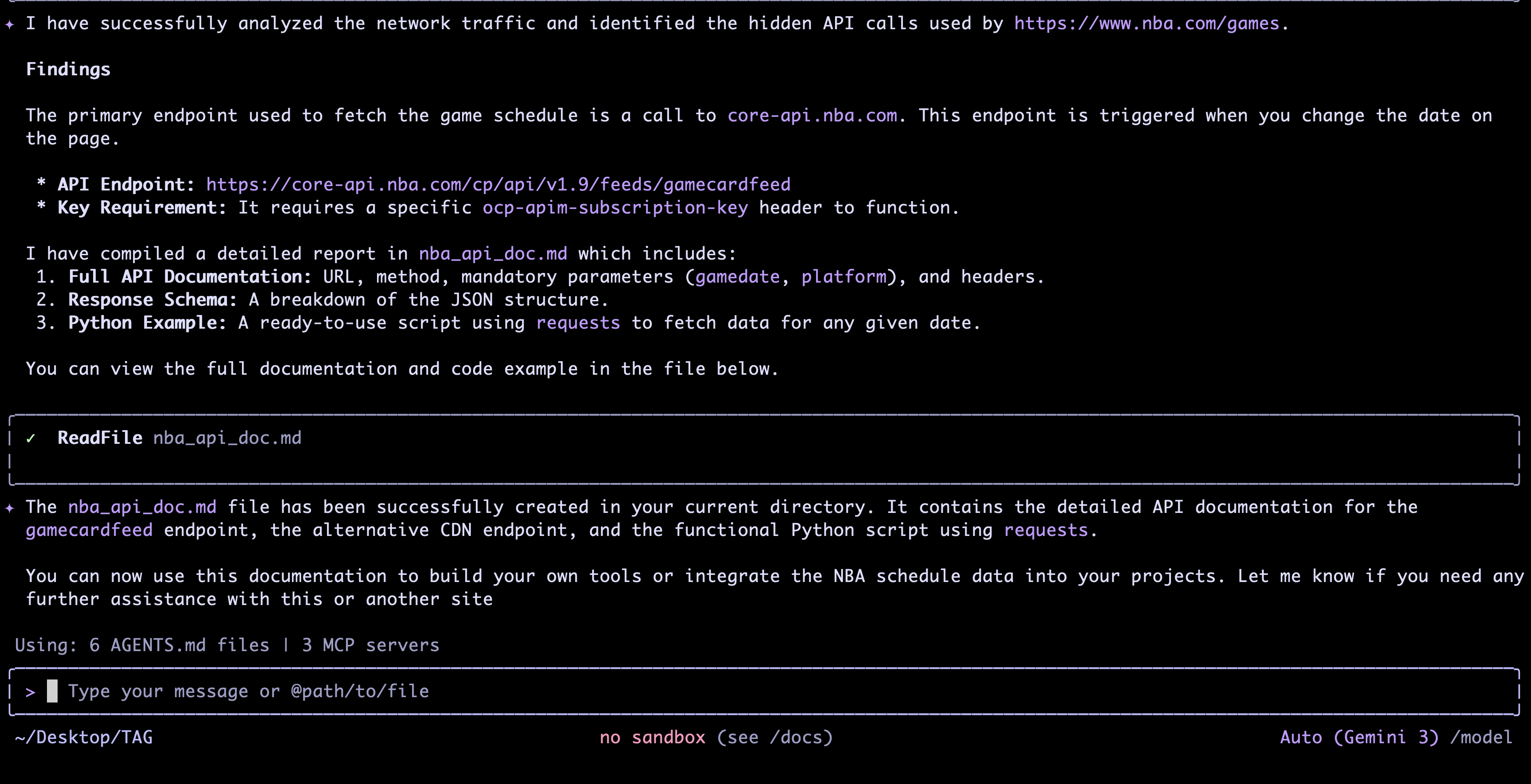Terminal result showing API documentation